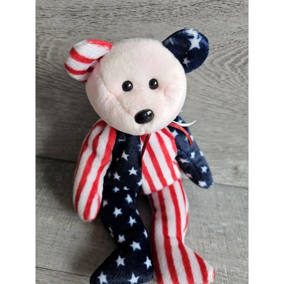 Spangle Bear Plush Beanie Baby Patriotic American Pink Face 4th of July Decor - Picture 2 of 4